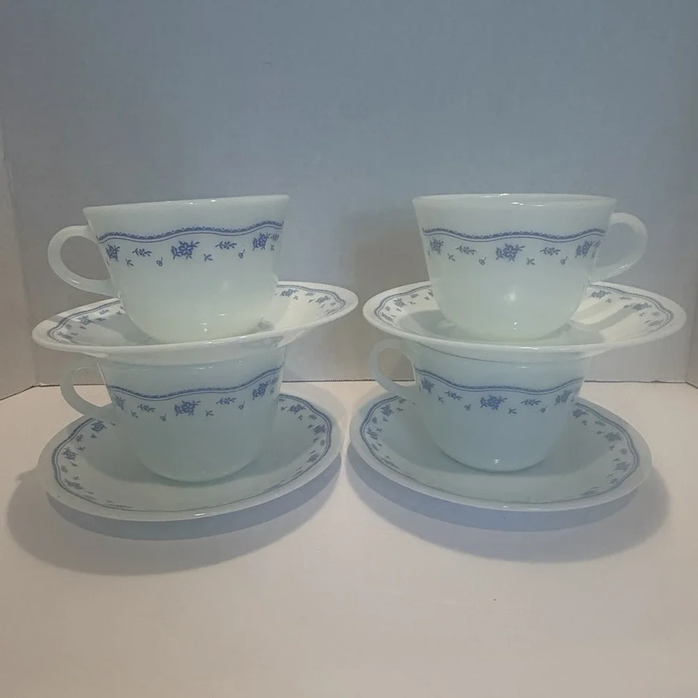 Pyrex Coffee Mug w/ matching Correlle Saucer Morning Blue Pattern Set Of 4 - Picture 9 of 9